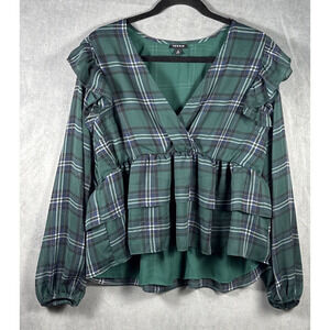 TORRID Green Tartan Plaid Long Sleeve Chiffon Ruffled Blouse Top‎ Sz 0 LARGE